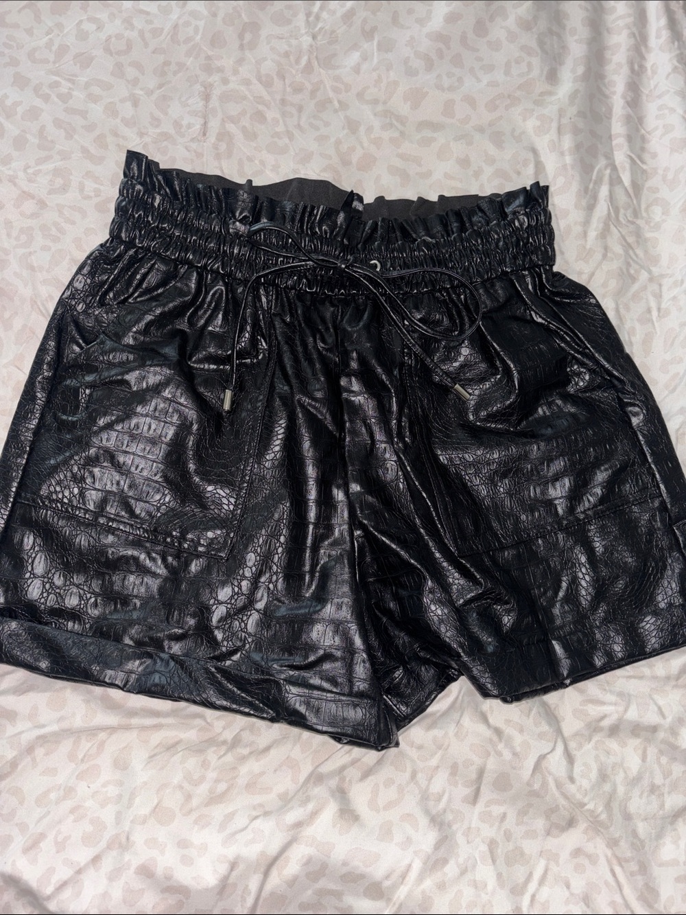 Zenana Outfitters Black Faux Croc High-Waist Paperbag Shorts